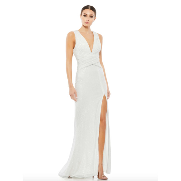 MAC DUGGAL Dress Size 8 Evening Gown Sequin NEW White V Neck Wrap Waist - Picture 7 of 8